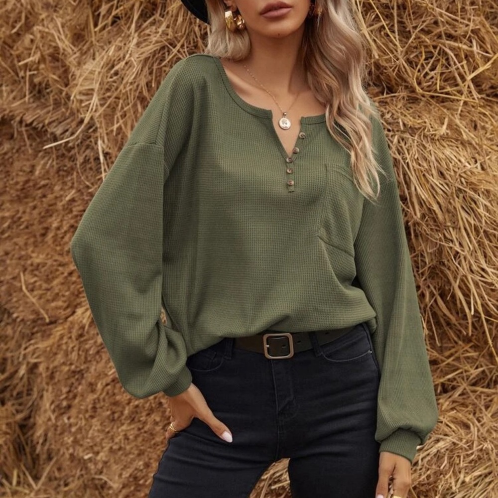 Waffle knit half placket button down henley long sleeve tee shirt boho oversized - Picture 6 of 14